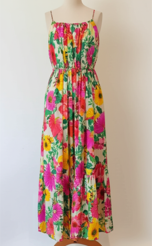 Floral print maxi dress with v-neck and flutter sleeves.