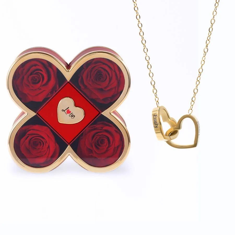 Eternal Luck Box with preserved roses and personalized necklace